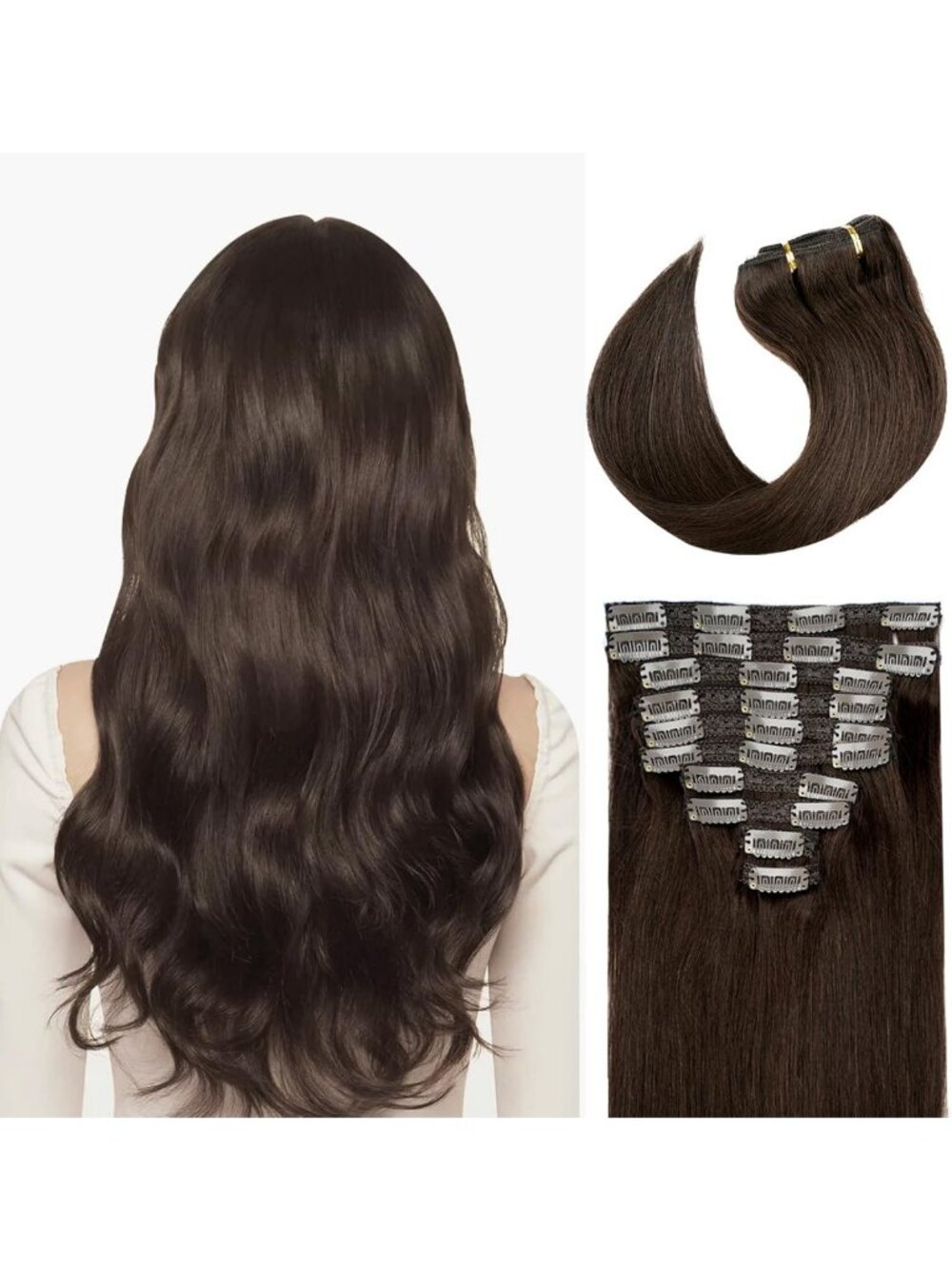 22" Clip-In Human Hair Extensions 200g, 10 Pieces, Thick Silky Straight, Dark
